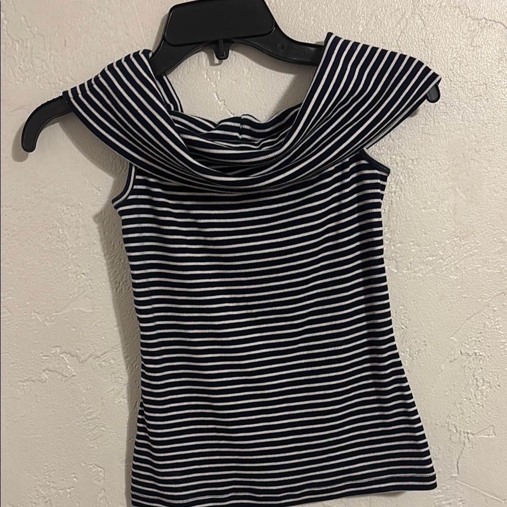 LOFT Navy and White Drape or Off the Shoulder Collar Tank Top